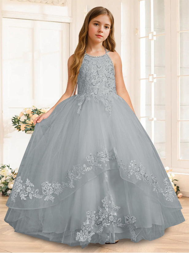 A-Line/Princess Halter Sleeveless Floor-Length Flower Girl Dress with Rhinestone Dusty Blue