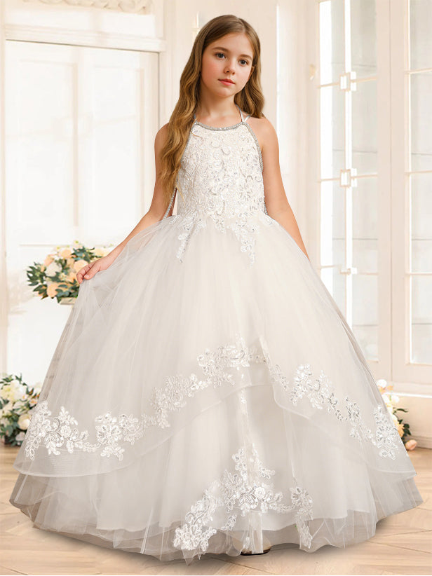 A-Line/Princess Halter Sleeveless Floor-Length Flower Girl Dress with Rhinestone Ivory