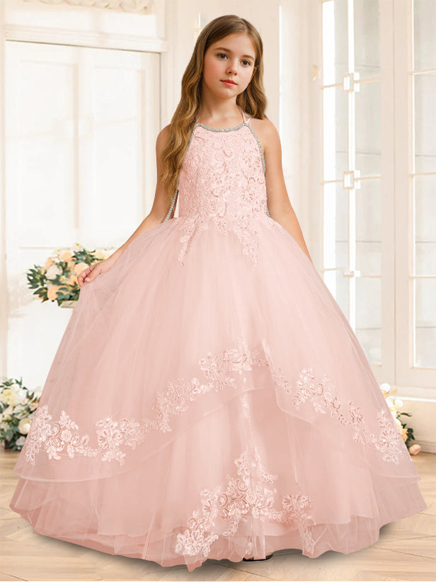 A-Line/Princess Halter Sleeveless Floor-Length Flower Girl Dress with Rhinestone Pearl Pink