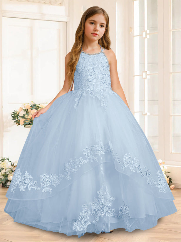 A-Line/Princess Halter Sleeveless Floor-Length Flower Girl Dress with Rhinestone Sky Blue