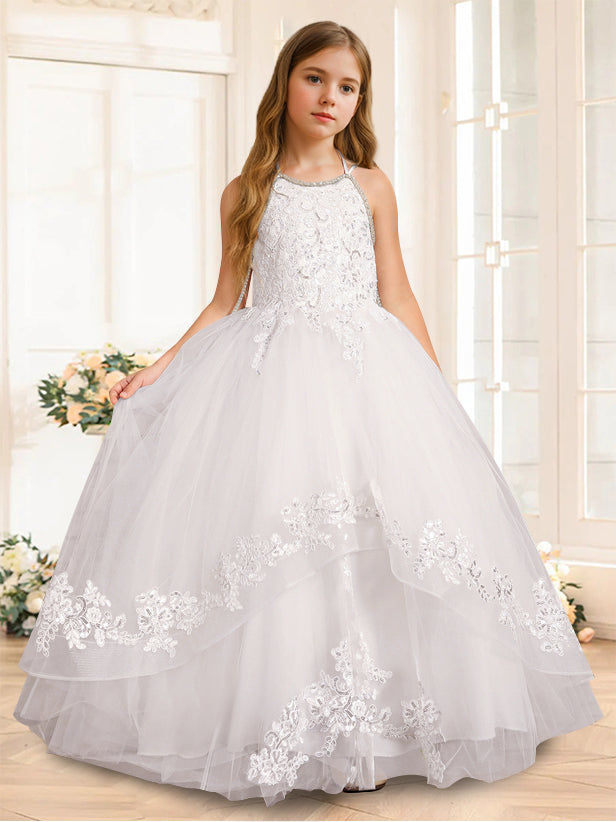 A-Line/Princess Halter Sleeveless Floor-Length Flower Girl Dress with Rhinestone White