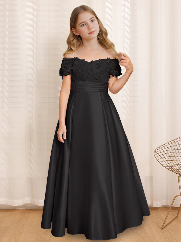 A-Line/Princess Off-the-Shoulder Short Sleeves Floor-Length Flower Girl Dress with Ruffles Black