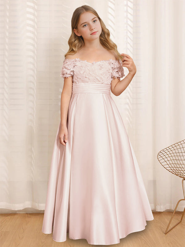 A-Line/Princess Off-the-Shoulder Short Sleeves Floor-Length Flower Girl Dress with Ruffles Blush Pink