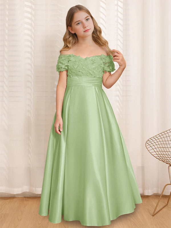 A-Line/Princess Off-the-Shoulder Short Sleeves Floor-Length Flower Girl Dress with Ruffles Celadon