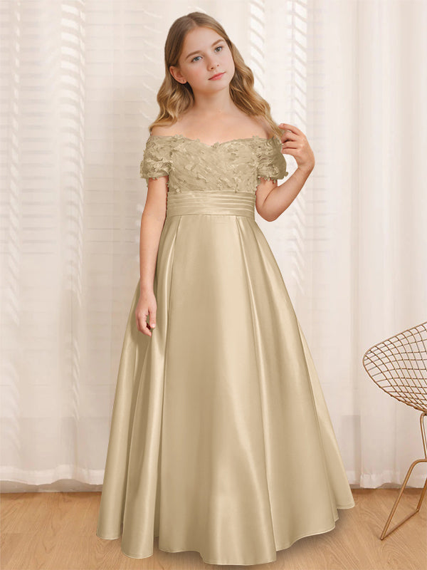 A-Line/Princess Off-the-Shoulder Short Sleeves Floor-Length Flower Girl Dress with Ruffles Champagne