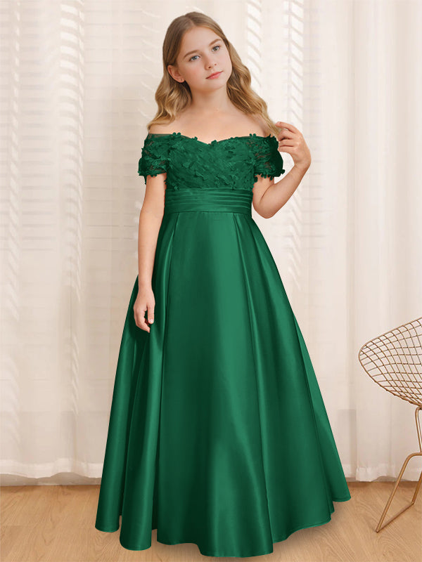 A-Line/Princess Off-the-Shoulder Short Sleeves Floor-Length Flower Girl Dress with Ruffles Dark Green