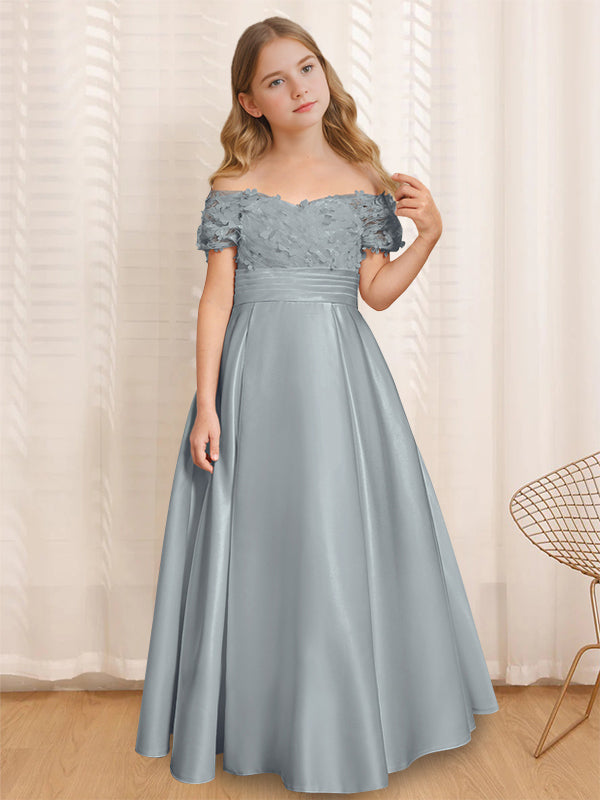 A-Line/Princess Off-the-Shoulder Short Sleeves Floor-Length Flower Girl Dress with Ruffles Dusty Blue