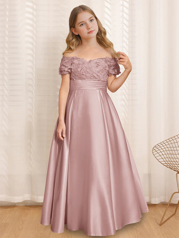 A-Line/Princess Off-the-Shoulder Short Sleeves Floor-Length Flower Girl Dress with Ruffles Dusty Rose