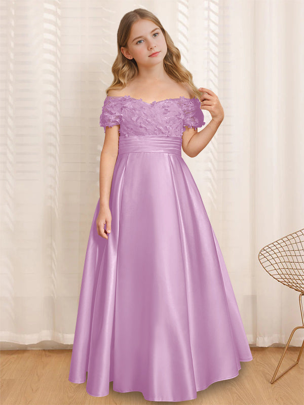 A-Line/Princess Off-the-Shoulder Short Sleeves Floor-Length Flower Girl Dress with Ruffles Lilac