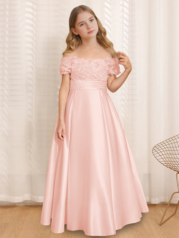 A-Line/Princess Off-the-Shoulder Short Sleeves Floor-Length Flower Girl Dress with Ruffles Pearl Pink