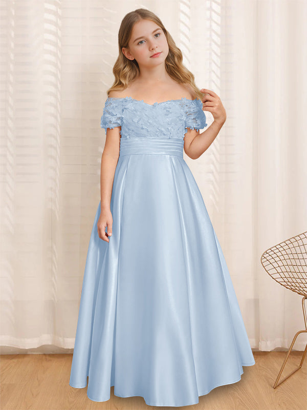 A-Line/Princess Off-the-Shoulder Short Sleeves Floor-Length Flower Girl Dress with Ruffles Sky Blue