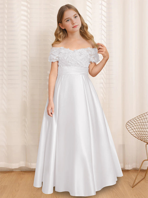 A-Line/Princess Off-the-Shoulder Short Sleeves Floor-Length Flower Girl Dress with Ruffles White