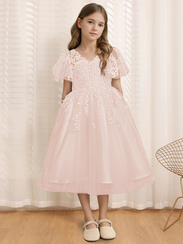 A-Line/Princess V-Neck Short Sleeves Tea-Length Flower Girl Dress with Lace Blush Pink