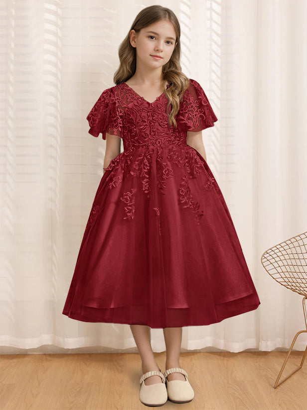 A-Line/Princess V-Neck Short Sleeves Tea-Length Flower Girl Dress with Lace Burgundy