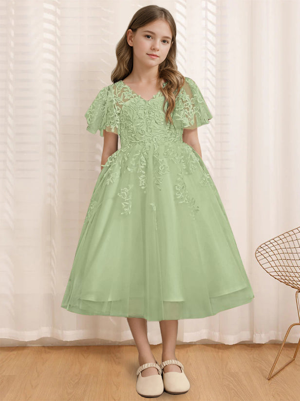 A-Line/Princess V-Neck Short Sleeves Tea-Length Flower Girl Dress with Lace Celadon