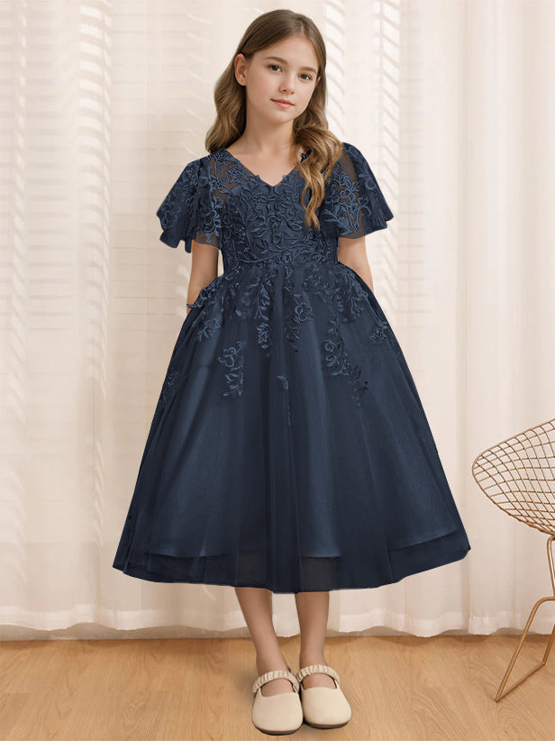 A-Line/Princess V-Neck Short Sleeves Tea-Length Flower Girl Dress with Lace Navy Blue