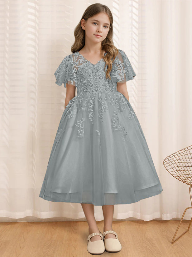 A-Line/Princess V-Neck Short Sleeves Tea-Length Flower Girl Dress with Lace Dusty Blue
