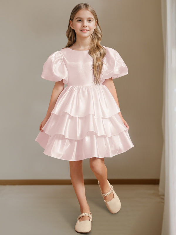 Ball-Gown Round Neck Short Sleeves Knee-Length Flower Girl Dress with Bowknot Blush Pink