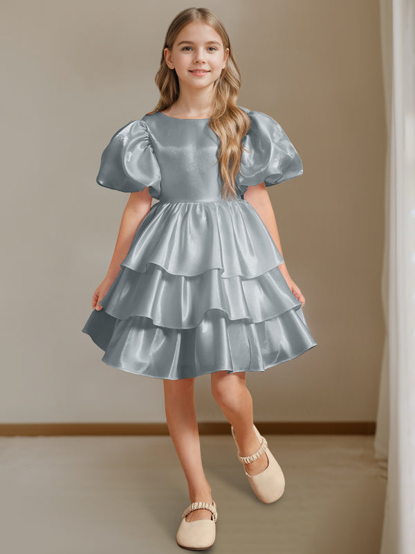 Ball-Gown Round Neck Short Sleeves Knee-Length Flower Girl Dress with Bowknot Dusty Blue