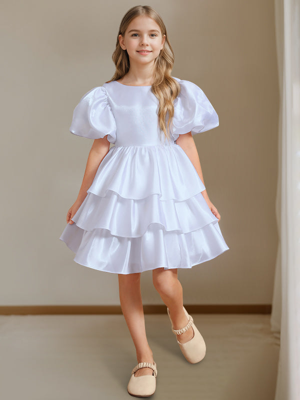 Ball-Gown Round Neck Short Sleeves Knee-Length Flower Girl Dress with Bowknot White