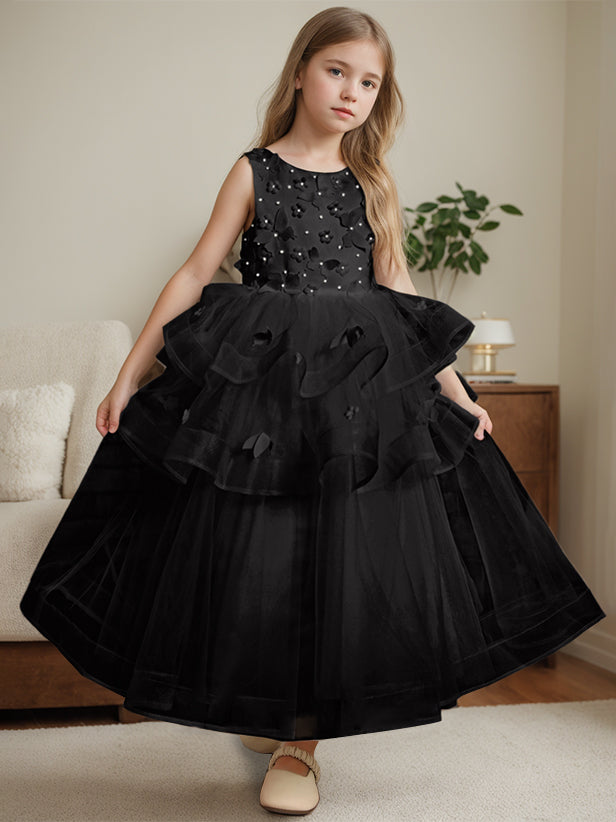 Ball-Gown Round Neck Sleeveless Ankle-Length Flower Girl Dress with Lace Black