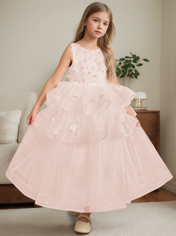 Ball-Gown Round Neck Sleeveless Ankle-Length Flower Girl Dress with Lace Blush Pink