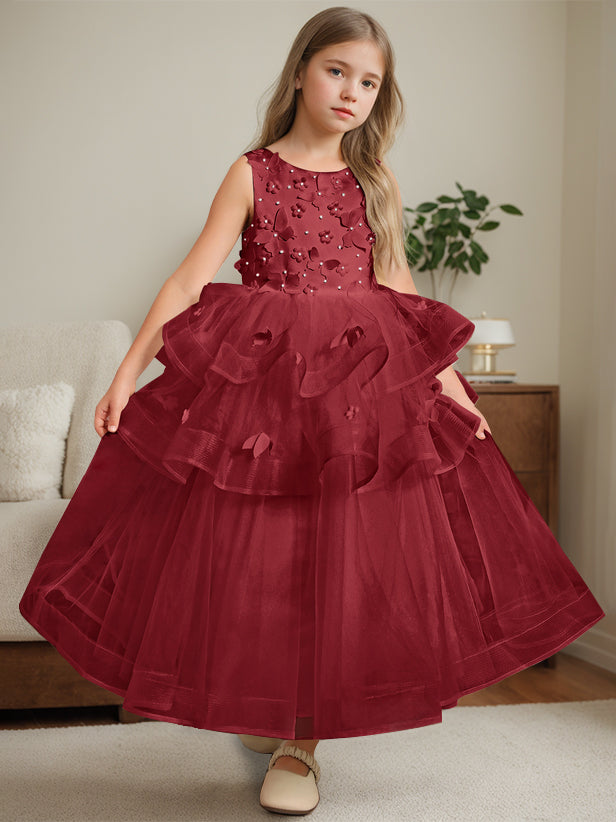 Ball-Gown Round Neck Sleeveless Ankle-Length Flower Girl Dress with Lace Burgundy
