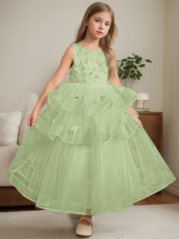 Ball-Gown Round Neck Sleeveless Ankle-Length Flower Girl Dress with Lace Celadon