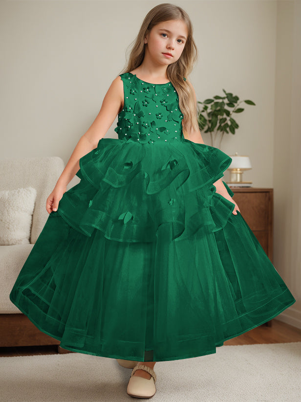 Ball-Gown Round Neck Sleeveless Ankle-Length Flower Girl Dress with Lace Dark Green