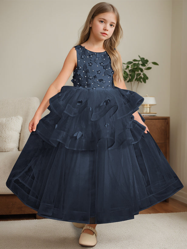 Ball-Gown Round Neck Sleeveless Ankle-Length Flower Girl Dress with Lace Navy Blue