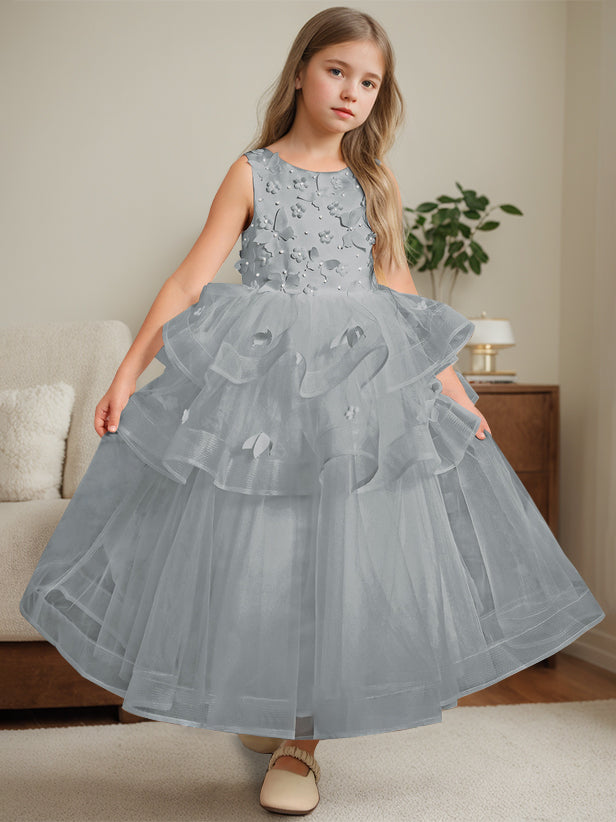 Ball-Gown Round Neck Sleeveless Ankle-Length Flower Girl Dress with Lace Dusty Blue