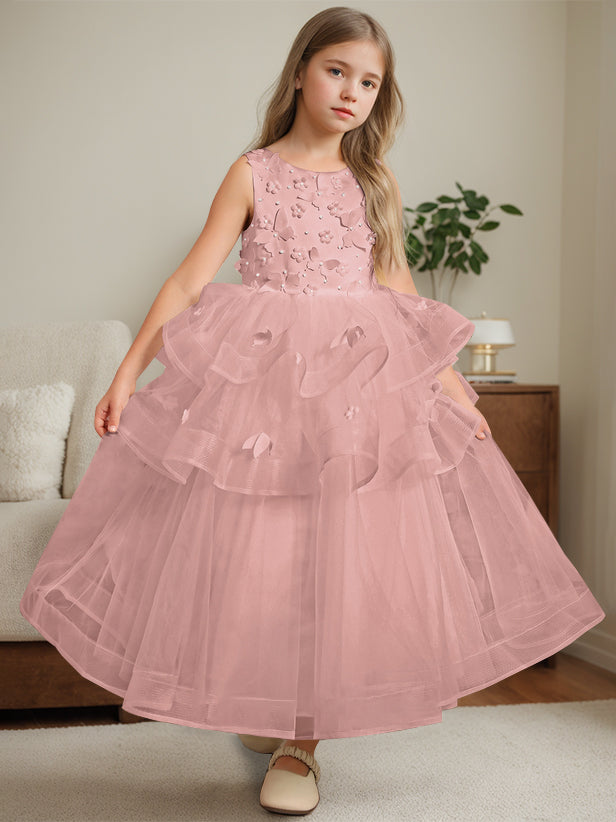 Ball-Gown Round Neck Sleeveless Ankle-Length Flower Girl Dress with Lace Dusty Rose