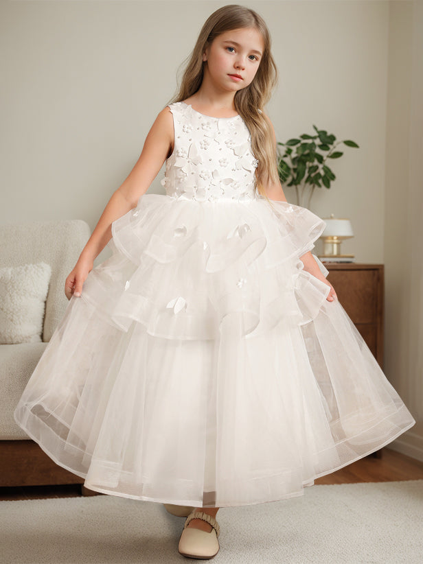 Ball-Gown Round Neck Sleeveless Ankle-Length Flower Girl Dress with Lace Ivory