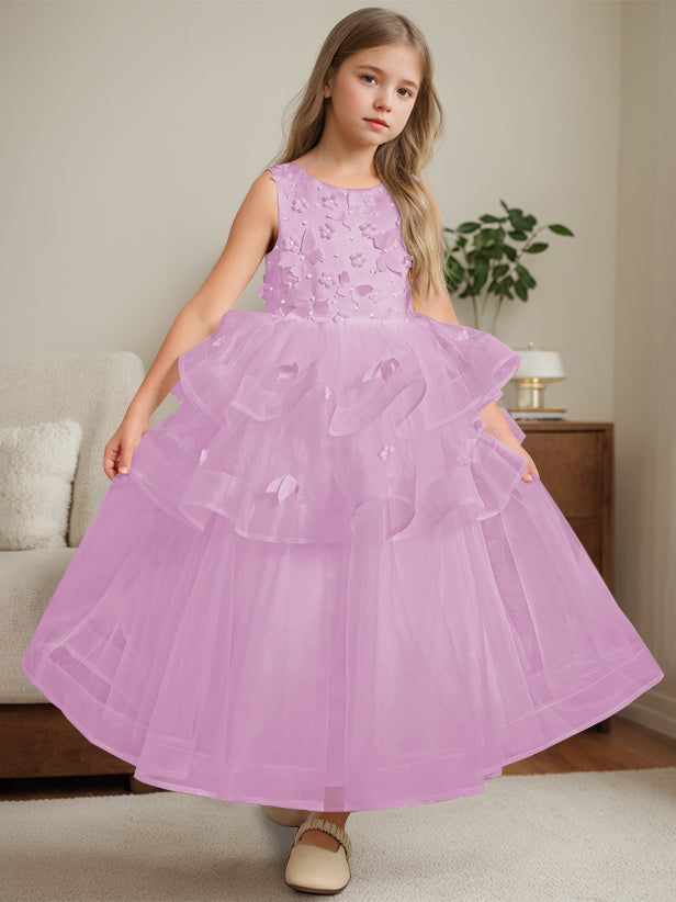 Ball-Gown Round Neck Sleeveless Ankle-Length Flower Girl Dress with Lace Lilac