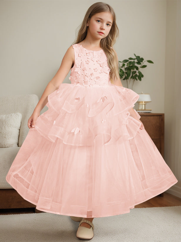 Ball-Gown Round Neck Sleeveless Ankle-Length Flower Girl Dress with Lace Pearl Pink