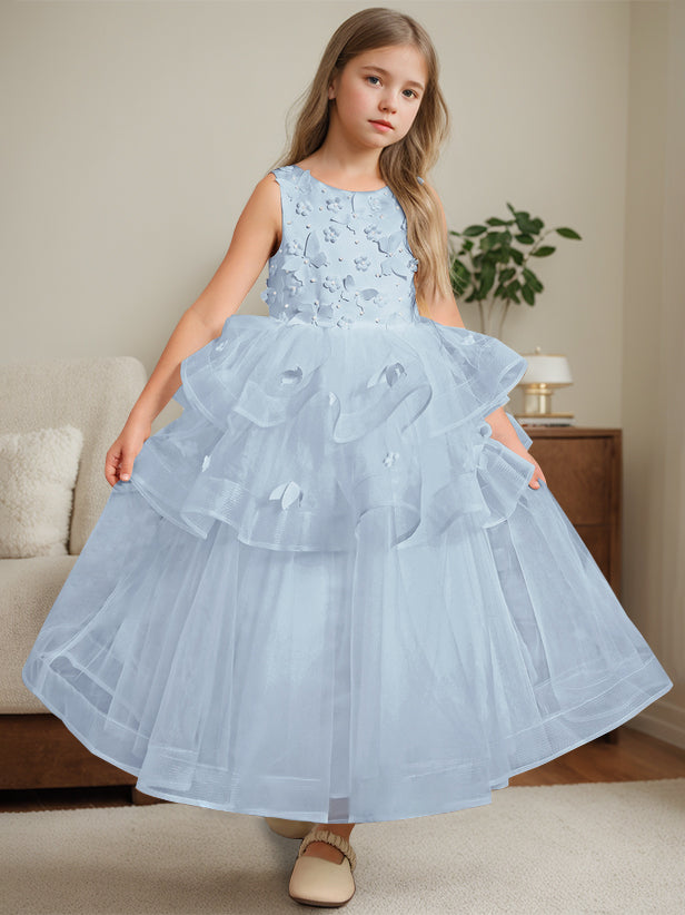 Ball-Gown Round Neck Sleeveless Ankle-Length Flower Girl Dress with Lace Sky Blue