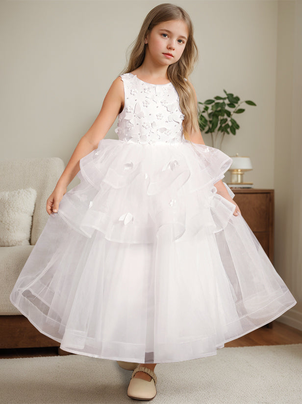 Ball-Gown Round Neck Sleeveless Ankle-Length Flower Girl Dress with Lace White