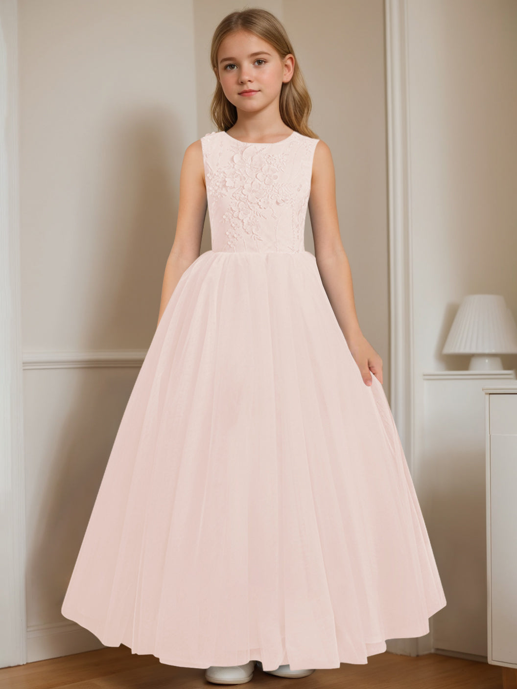 A-Line/Princess Round Neck Sleeveless Floor-Length Flower Girl Dress with Appliques Blush Pink
