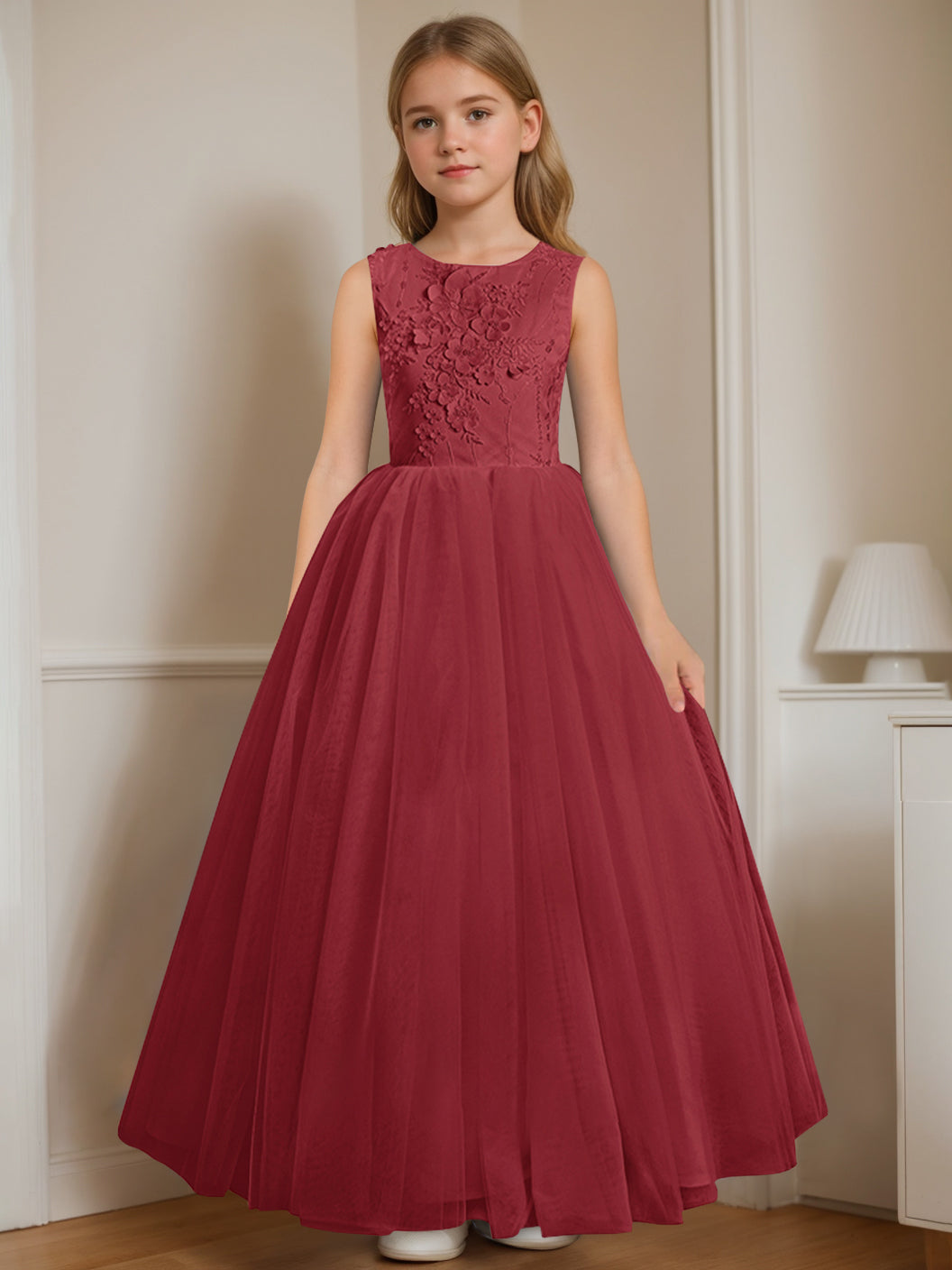 A-Line/Princess Round Neck Sleeveless Floor-Length Flower Girl Dress with Appliques Burgundy