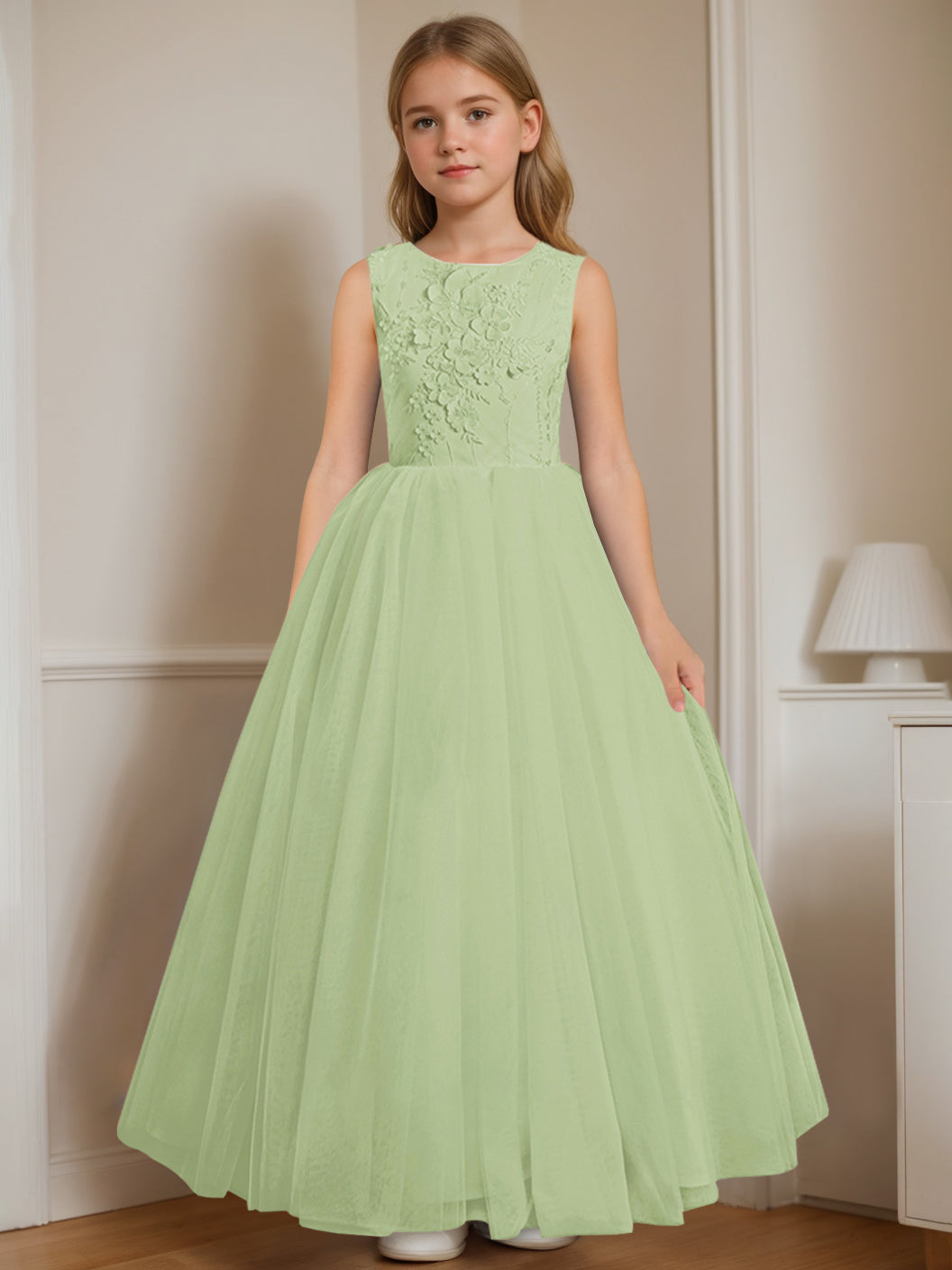 A-Line/Princess Round Neck Sleeveless Floor-Length Flower Girl Dress with Appliques Celadon