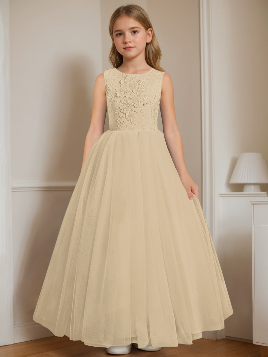 A-Line/Princess Round Neck Sleeveless Floor-Length Flower Girl Dress with Appliques Champagne