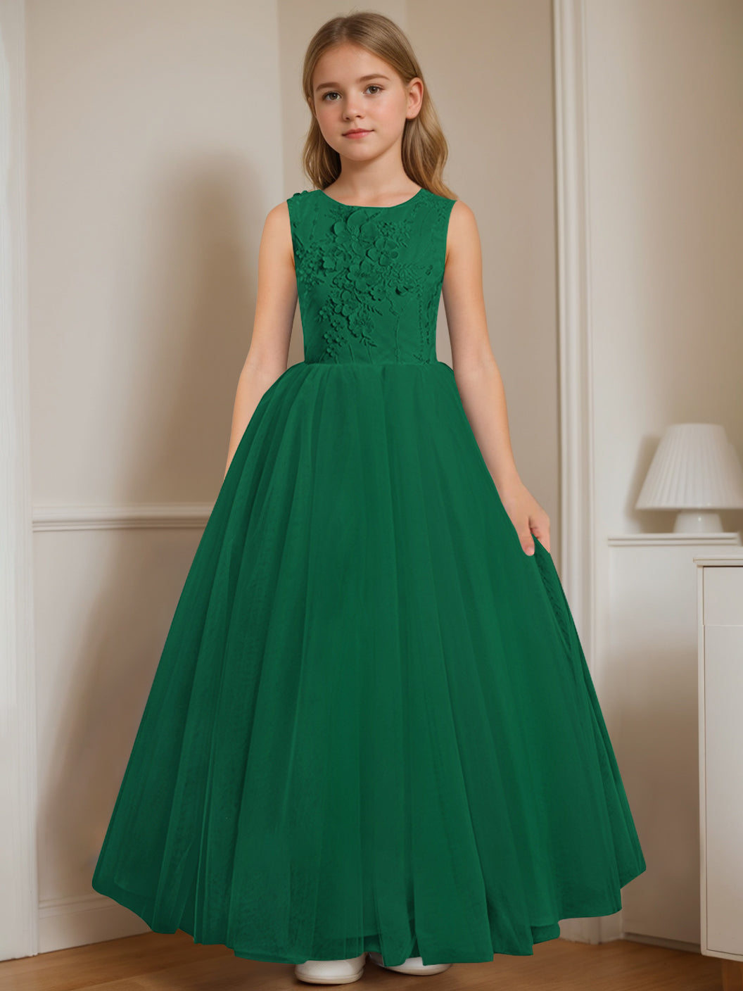 A-Line/Princess Round Neck Sleeveless Floor-Length Flower Girl Dress with Appliques Dark Green