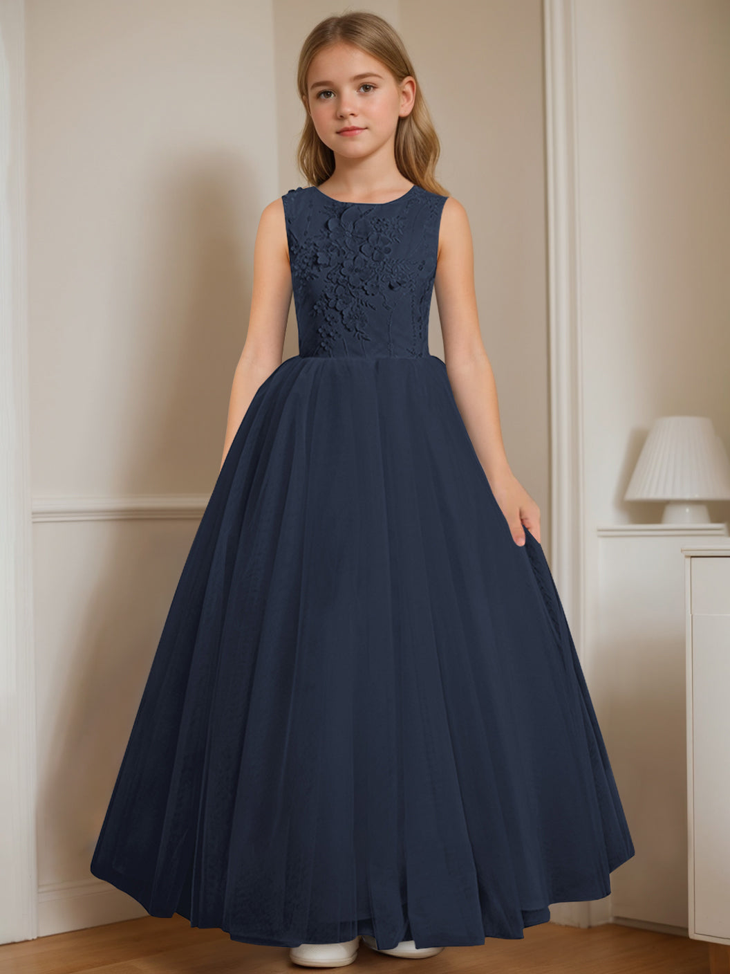 A-Line/Princess Round Neck Sleeveless Floor-Length Flower Girl Dress with Appliques Navy Blue