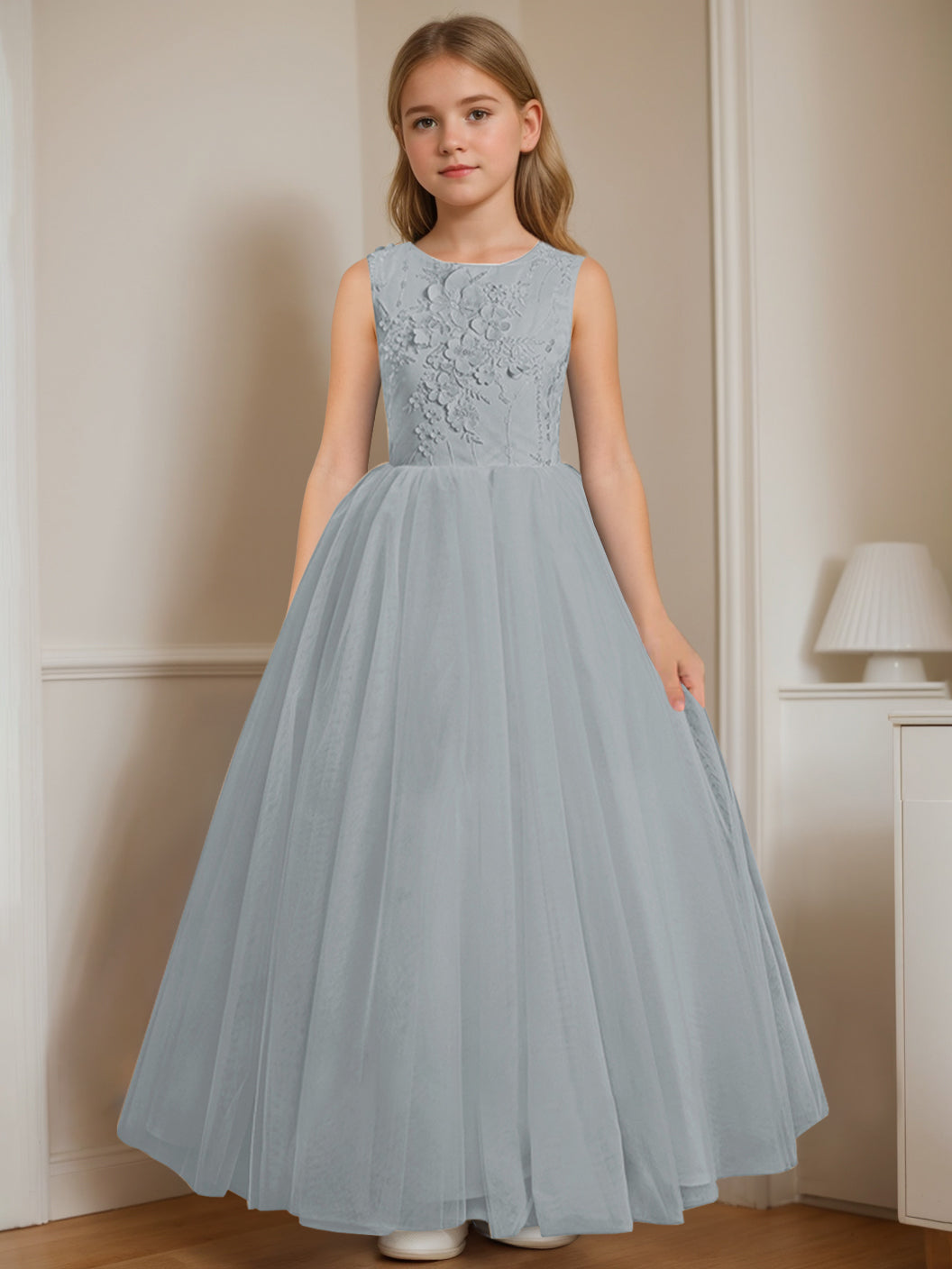 A-Line/Princess Round Neck Sleeveless Floor-Length Flower Girl Dress with Appliques Dusty Blue