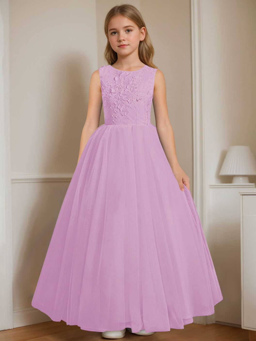A-Line/Princess Round Neck Sleeveless Floor-Length Flower Girl Dress with Appliques Lilac