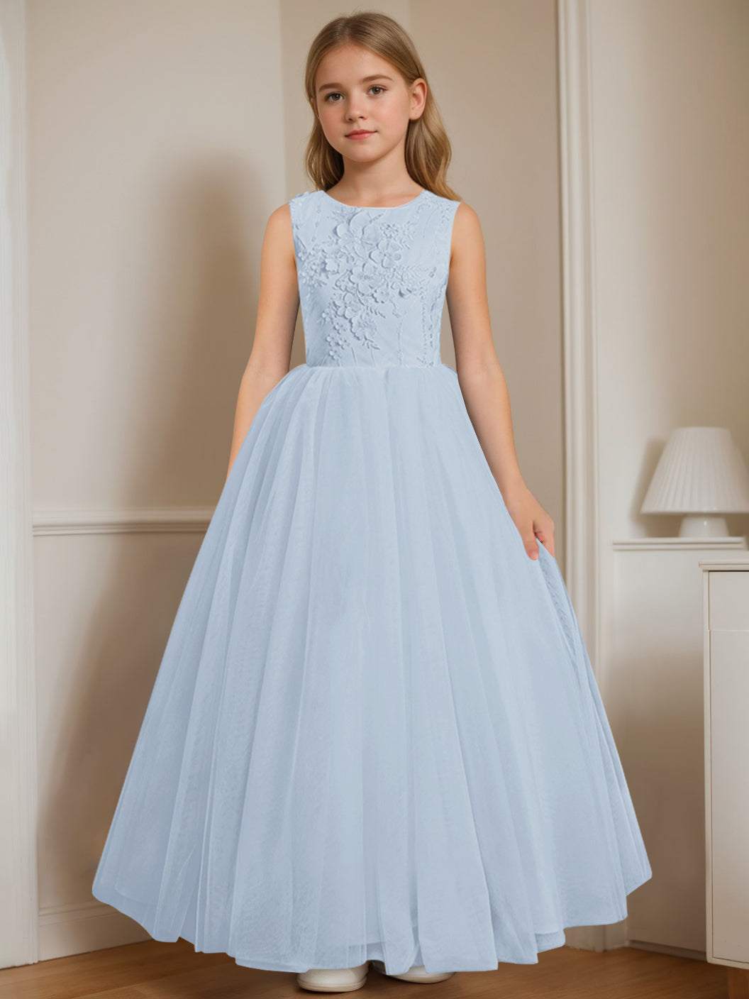 A-Line/Princess Round Neck Sleeveless Floor-Length Flower Girl Dress with Appliques Sky Blue