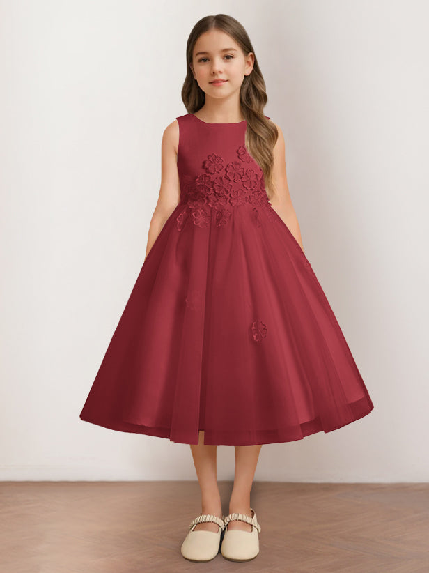 A-Line/Princess Scoop Neck Sleeveless Tea-Length Flower Girl Dress with Appliques Burgundy