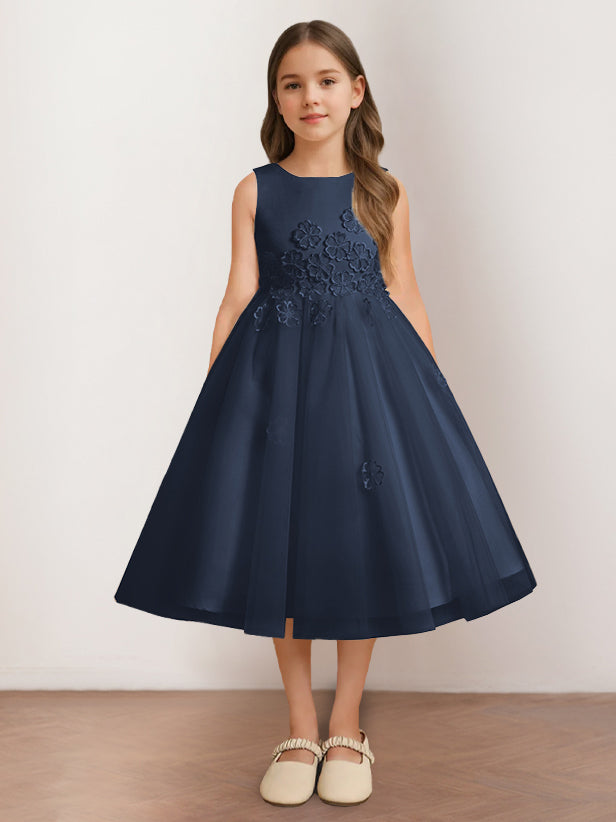 A-Line/Princess Scoop Neck Sleeveless Tea-Length Flower Girl Dress with Appliques Dark Navy