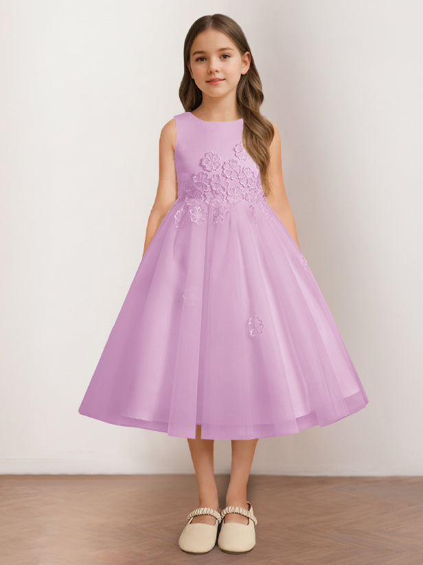 A-Line/Princess Scoop Neck Sleeveless Tea-Length Flower Girl Dress with Appliques Lilac