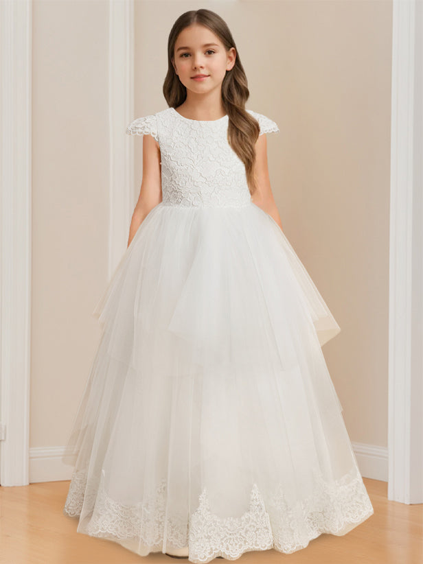Ball-Gown Scoop Neck Sleeveless Floor-Length Flower Girl Dress with Lace & Bowknot Ivory